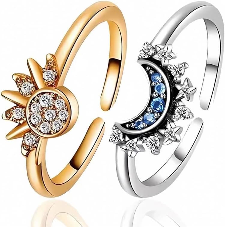 Bague Femme, Bagues Motif Lune Soleil Scintillant Ajustable Plaqué Or Bague en Argent Promesse Couple Bague Anxiété Réglable Fidget Rings pour Femme Cadeau, 2 pièce