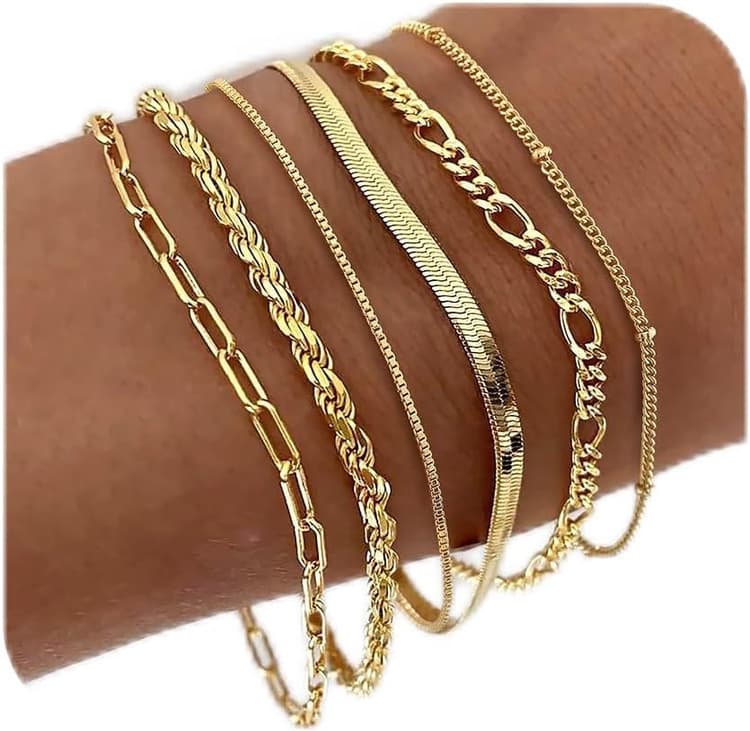 ZOERAY Bracelet Femme Argent Or Ensemble Réglable Bracelet Plaqué Or 18 Carats Multicouche Lot Bracelets Charm Empilable Bracelet Doré Chaine en Serpent Figaro Fantaisie Bijoux Cadeau pour Femme Fille