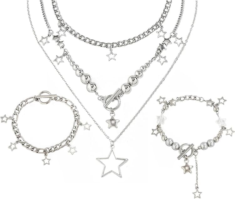 2 Pieces Silver Star Necklace Y2K Jewelry Set Grunge Necklace Kawaii Cute Necklaces Aesthetic Vintage Emo Jewelry