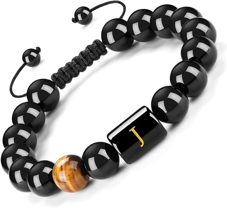 FRG Initials Bracelets for Men Letter Link Handmade Natural Black Onyx Tiger Eye Stone Beads Braided Rope Meaningful Bracelet