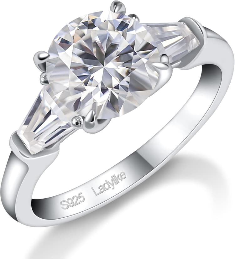 Ladylike Bagues de fiançailles en moissanite à 3 pierres pour femme - 2,8 carats - En argent sterling massif - Plaqué or 18 carats - Coupe trapézoïdale