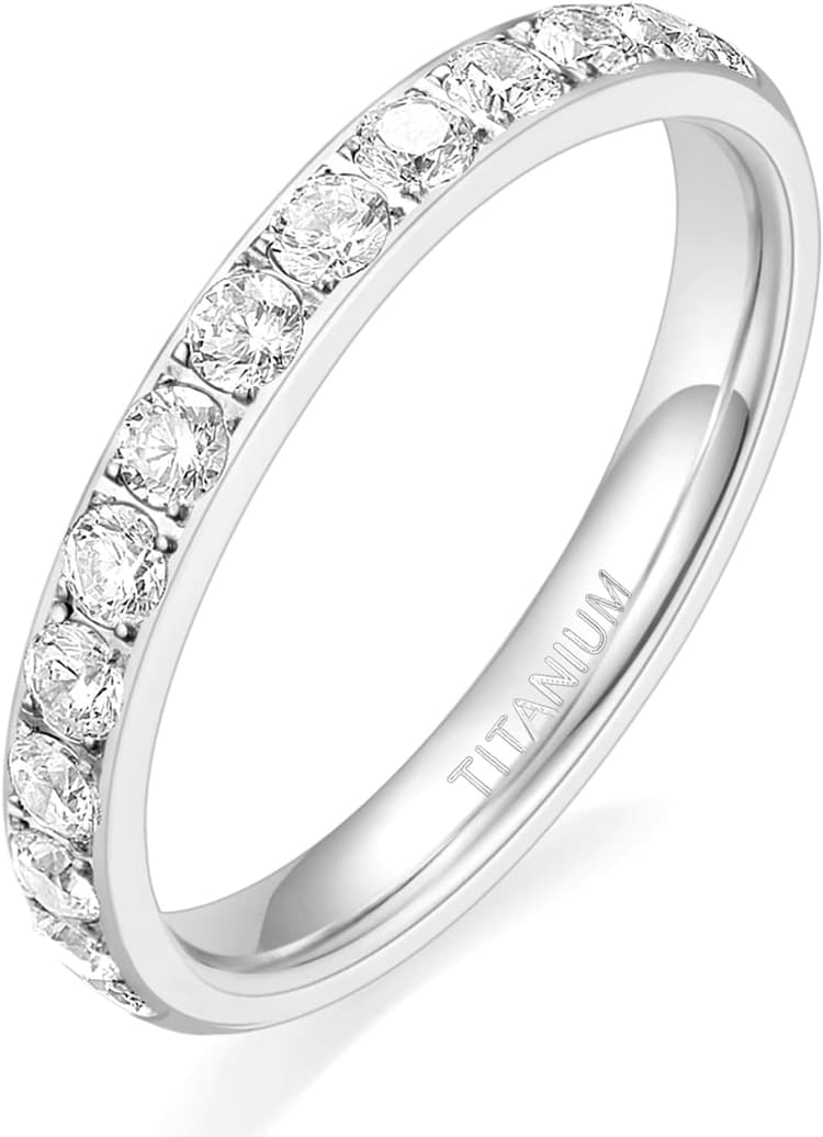 TIGRADE 3mm Women Titanium Engagement Ring Half Cubic Zirconia Eternity Wedding Band Size 3-13