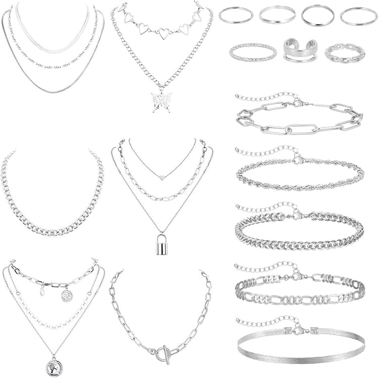 18 Pcs Parure Bijoux Femme : Élégante Parure de Bijoux pour Femme comprenant Collier Ras de Cou, Collier Breloque Argent et Or, Bracelet Jonc Or, Lot Bracelet Fantaisie, Argent