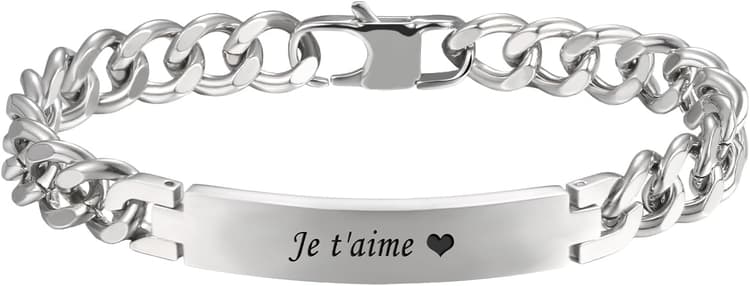 Cupimatch Bracelet Homme Personnalisé Chaîne Gourmette avec Plaque en Acier Inoxydable,Bracelet Polissage Réglable pour Homme Garçon,Cadeau pour Saint-Valentin Noël Anniversaire Fête des Pères