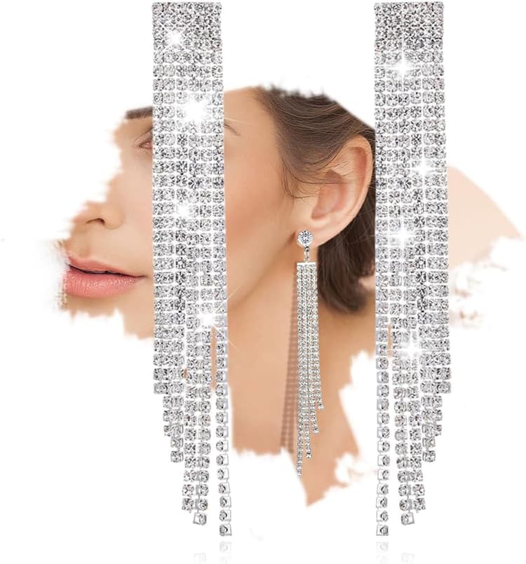 Boucles d'oreilles pendantes de mariage pour femmes avec longue frange en cristal strass argenté,Bijoux nuptiaux de qualité supérieure