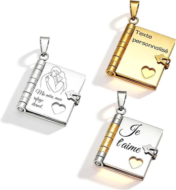 WBW Collier Livre Personnalisé pour - Nom/Date Livre à Mini pendentif personnalisable avec 6 Pages Gravées, Cadeau Émouvant pour Fille, Maman, Amie