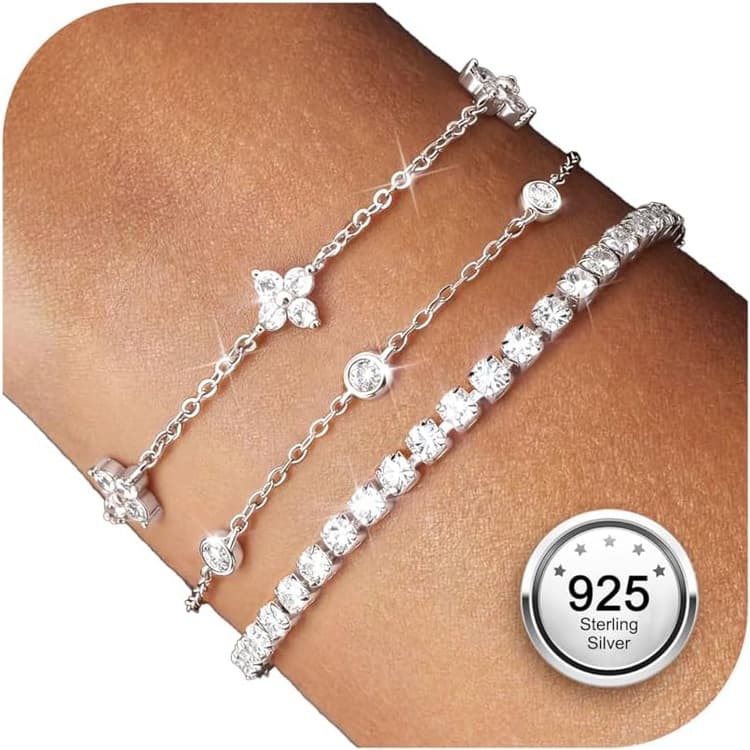Finrezio 3 Pièces Bracelets Femme Argent 925 Empilable Bracelets Or Tennis Réglable Zircon Chaîne Ensemble Bracelets Argent Bijoux Cadeau pour Femme Argent/Or/Or Rose