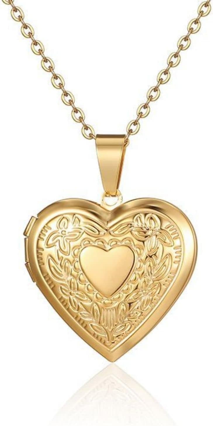 Vintage Engraved Flower Locket Picture Pendant Necklace Antique Carved Pattern Oval Heart Pendant Necklace For Women Hold Picture Souvenir Memorial Jewelry