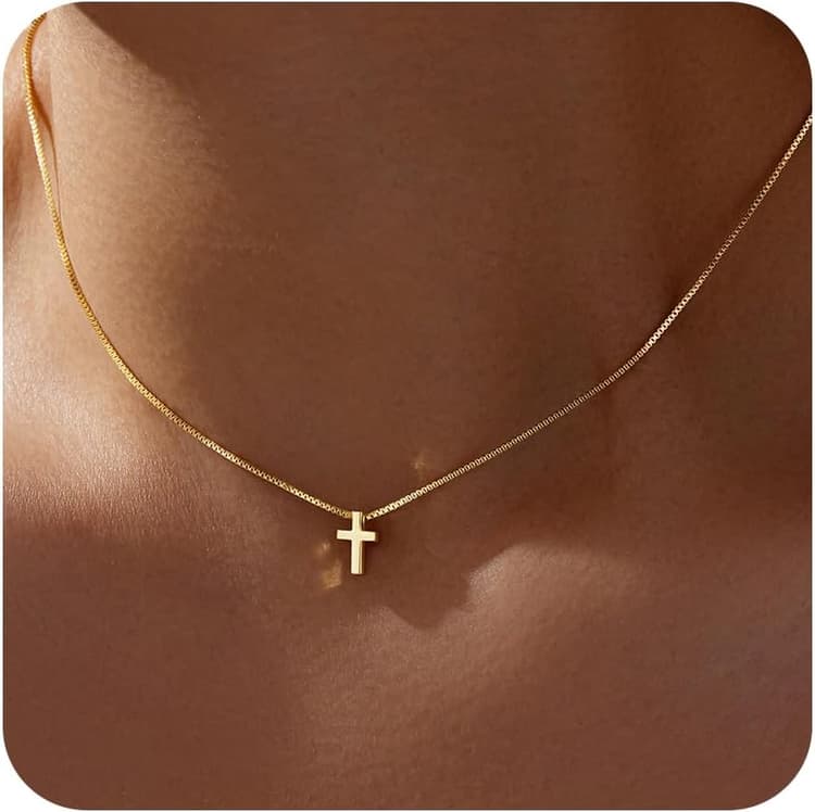 Mothers Day Gifts for Mom Cross Necklace for Women Girls, Dainty 14K Gold Silver Plated Cross Choker Jewelry Non Tarnish Waterproof Cute Simple Small Necklace Christian Baptism Religious Faith Jewelry Gifts