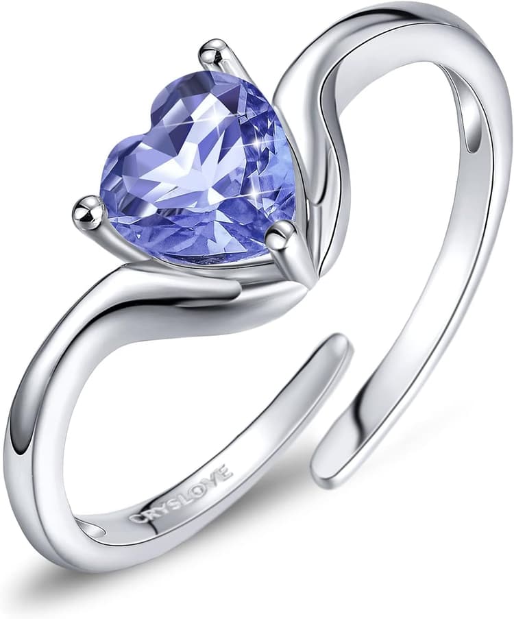 CRYSLOVE Bague Reglable Femme en Argent Sterling 925 Ajustable avec Pierre de Naissance étreignant Anneau Bijoux Bague de fiançailles Coeur Cadeaux d'anniversaire pour Maman Fille