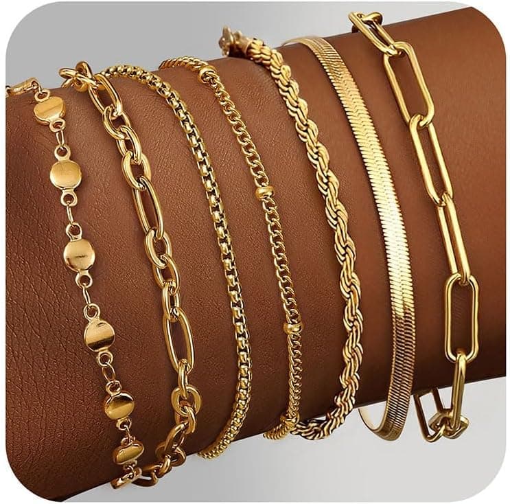 Adramata 7Pcs Chaîne Bracelets pour Femme Plaqué Or 14K Bracelets Réglable Bracelet Acier Inoxydable Femme Serpent Chaîne Bracelets Empilables Fantaisie Bracelets Bracelets Femme Argent Or Or Rose