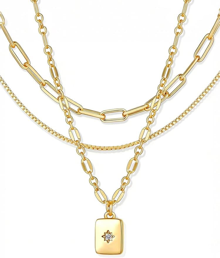 YEEZII Layered Gold Necklaces for Women Trendy, 3 Pcs 14K Gold Plated Choker Paperclip Box Chain Necklace, Stackable Women's Gold Pendant Necklaces Jewelry Set