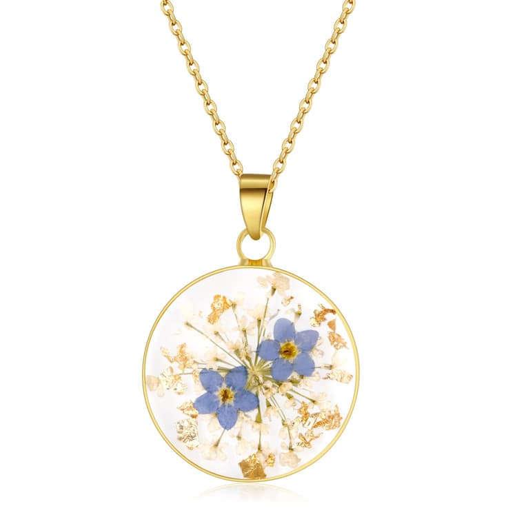 Collier de fleurs pressées en dentelle Myosotis et Queen Anne | Collier de fleurs pressées en or | Colliers personnalisés faits à la main pour femmes | Bijoux Myosotis | collier femme | 45 CM