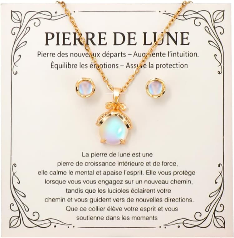 Bijoux Femme Collier et Boucles d’Oreilles en Pierre de Lune, Idée Originale pour Ado & Adulte, Fille, Maman, Sœur, Amie Coffret Noël