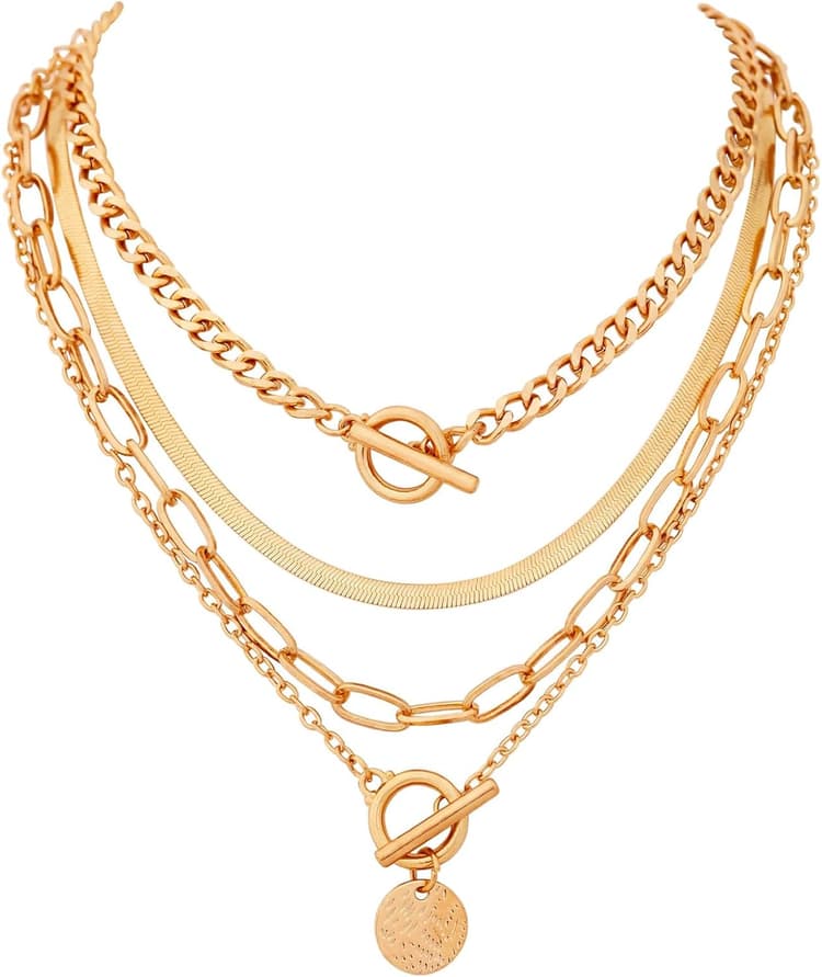 Lilbitty Lot de 4 colliers pour femme, bijoux chaîne dorée sertie d'acier inoxydable, chaîne cubaine, tour de cou et chevrons, superposables et élégants pour toute occasion