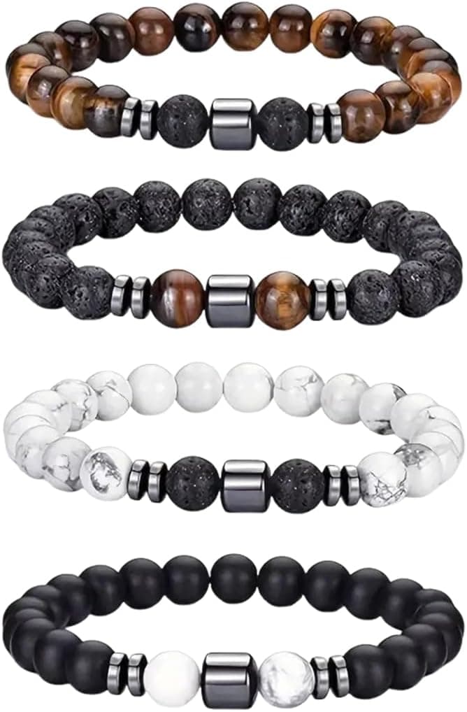 Bracelet pour Homme, 4 pièces Bracelets extensibles en Pierre Naturelle, Œil de Tigre, Pierre de Lave, Bracelet Perles, Bijoux Homme, Cadeau Personnalisé pour Papa, Mari, Copain, Couple