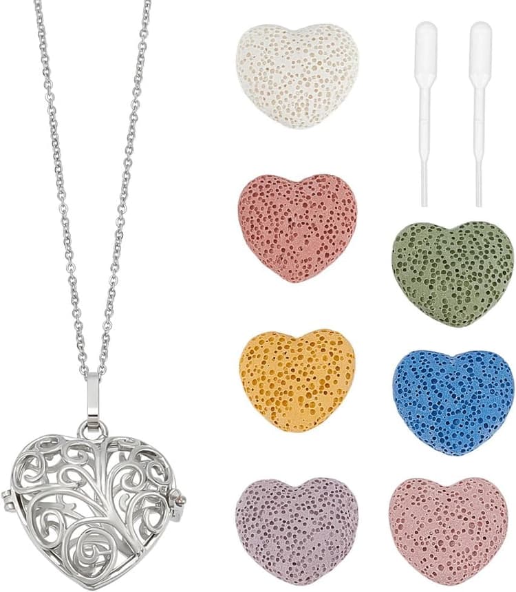 PH PandaHall Colliers Diffuseurs D'Huiles Essentielles D'Aromathérapie Pendentif Médaillon Creux Cœur D'Amour Pendentif Médaillon Arbre de Vie Collier Parfumé avec 7 Pierre de Lave pour Hommes Femmes