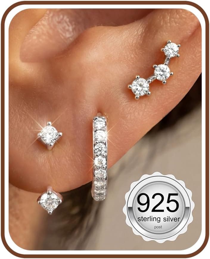 FIASASO 3 Pairs 925 Sterling Silver Hypoallergenic Earrings for Women Trendy - 14K Gold Plated Stud Hoop Cartilage Earrings Set Small Earring Stacks for Sensitive Ears Non Tarnish Dainty Silver Earring