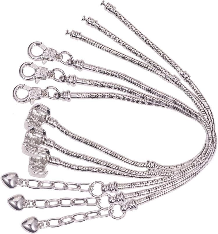 SUNNYCLUE 6 pcs 2 Styles 18 cm Européenne Serpent Chaîne Charme Bracelet Argent avec Perle Classique Baril Fermoir en Cœur pour la Fabrication de Bijoux Accessoires