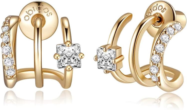 Obidos 14K Gold Plated Illusion Stud Earrings for Women | Triple Huggie Hoop Earrings for One Hole| Trendy Simple Hypoallergenic Fashion Accessories Gold Jewelry Gifts for Womens