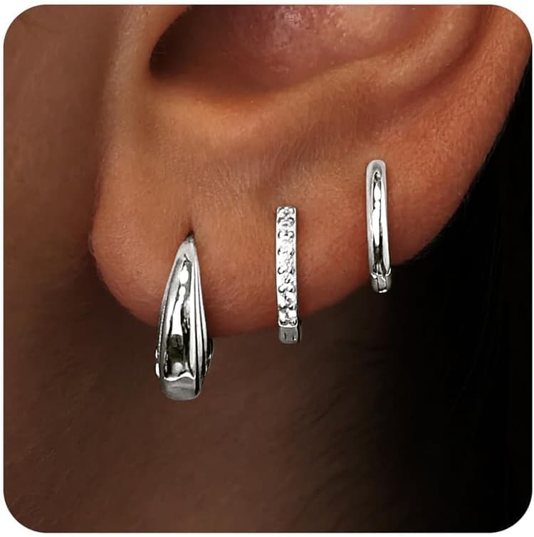 Small Sterling Silver Huggie Hoop Earrings Set for Women, Hypoallergenic 14K Gold Plated Hoops Stacks for Multiple Piercings, Dainty Cute Mini Lightweight Cartilage Studs Trendy Jewelry Gift