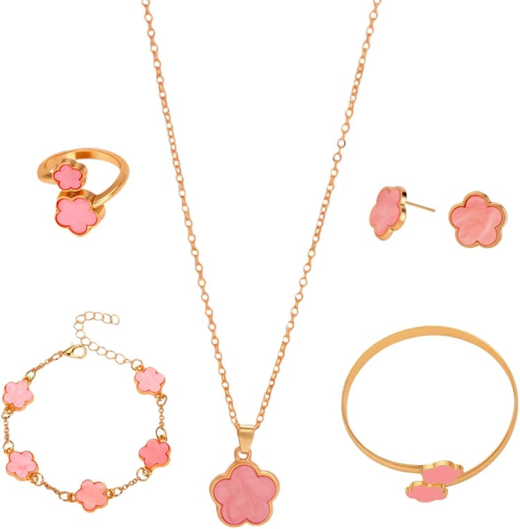 Ensemble de Bijoux Trèfle à Quatre Feuilles pour Femme Fille, bijoux acier inoxydable femme, 18K or rose bracelet porte bonheur, Trèfle à quatre feuilles collier boucles d'oreilles bracelet