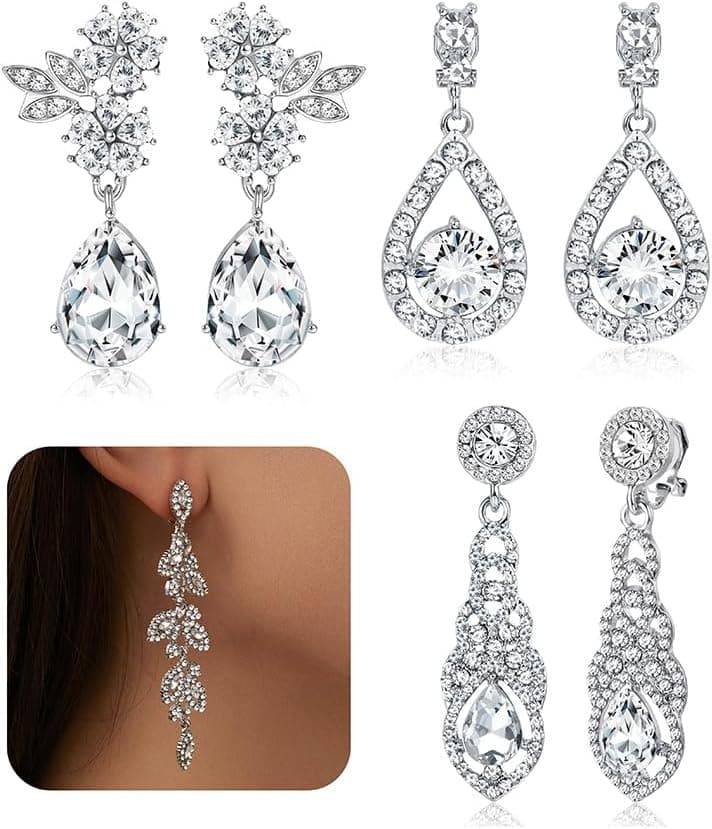 CASSIECA 4 Paires Clip Boucles d'Oreilles Femme Élégant Boucle d'Oreille Goutte Boucles d'Oreilles Pendante Boucles d'Oreille Mariage