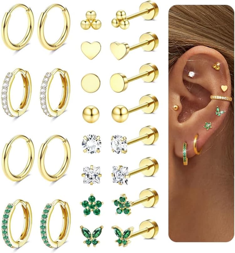 Diamday 12Paires Boucles d'Oreilles Femmes Acier Chirurgical Creoles Or Piercing Oreille Lot Boucle d'Oreille Huggie Créoles Argent Helix Cartilage Clous d'oreilles Multiple Piercings Hypoallergénique
