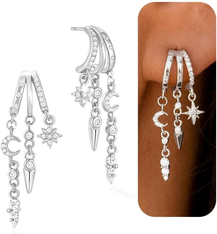 HANLI Boucles Longues Pendentif D'oreilles Femme Créoles Plaqué 14K Or/Argent 925 en Zircon Cubique Ladies Hypoallergénique Bijoux Cadeaux Pour Femmes