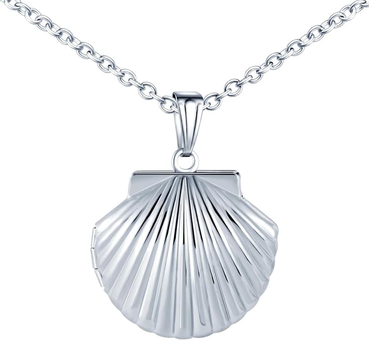 Collier Personnalisé Médaillon en forme de Coquillage, Acier inoxydable Pendentif Coquillage Porte Photo Médaillon pour 2 Photo avec Chaîne 50cm Bijoux pour Femme Filles