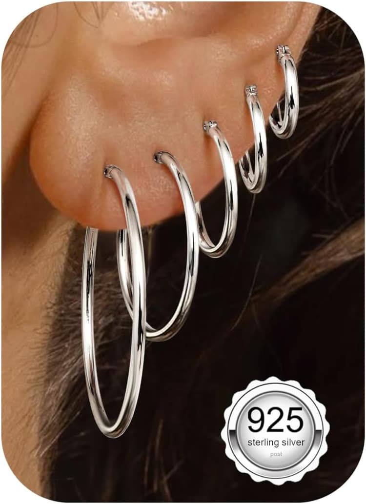 FUNRUN JEWELRY 5 Pairs 925 Sterling Silver Hoop Post Earrings for Women-Small 14K Gold Silver Hoops Earrings,Hypoallergenic Silver Hoop Earring for Women-Medium Big Hoops Stack Earring 10/14/20/30/40mm
