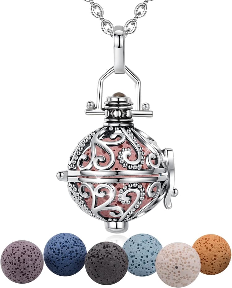 Aromathérapie Huiles Collier Diffuseur Essentielles pour Femmes Collier Pendentif Filles Bijoux Cadeau avec 7 PCS Pierre de Lave, Chaîne 61cm.