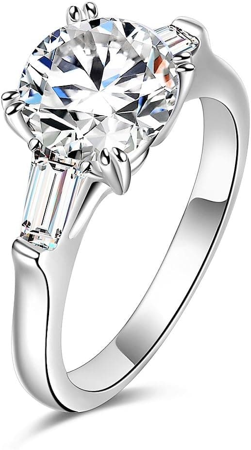 espere Sterling Silver 2 Carat CZ Baguette Round Solitaire Engagement Ring Bridal Wedding Jewelry