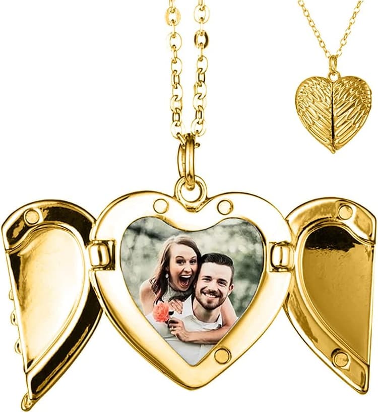 TOFBS Collier avec médaillon en forme de cœur et ailes d'ange - Image personnalisée - Cadeau pour femme, fille, maman, petite amie, épouse