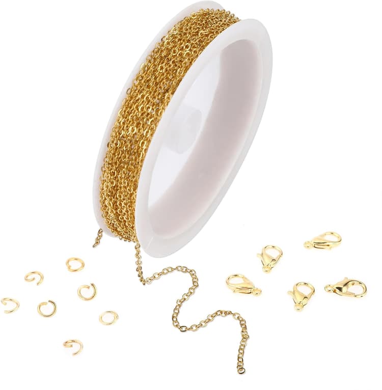 WLLHYF Chaîne plaquée or de 496 cm en acier inoxydable avec 10 fermoirs mousquetons, 30 anneaux ouverts, colliers, boucles d'oreilles, bracelets, rallonges pour la fabrication de bijoux - Argent