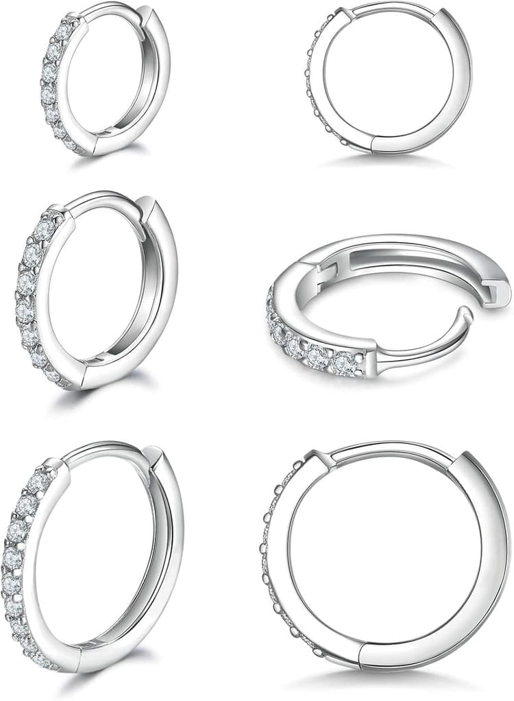 925 Sterling Silver Small Hoop Earrings Cubic Zirconia Huggie Hoop Earrings, 3 Pairs 14K White Gold Plated Cartilage Piercing Earrings Ear Cuff Tiny Hoop Earrings for Women Men