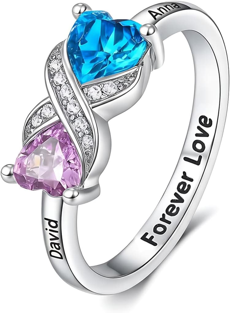 Bagues de promesse pour elle Bagues de fiançailles infini personnalisées pour femme avec 2 pierres de naissance en cœur Gravure Nom personnalisé Bague de fiançailles | bague infinity deux nom gravé