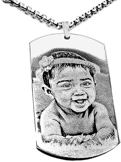 Collier avec médaillon photo personnalisé | Pendentif rectangulaire ou cœur Gravure photo et texte au dos en acier inoxydable pour homme ou femme | Photogravure