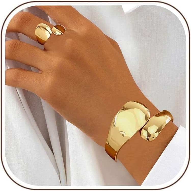 Bracelets à Manchette Or Bague Or pour Femme, Bracelet Ouvert Manchette Large Bracelet Manchette Réglable Bagues Ouvert Bague Ensemble Bracelets Bagues pour Femme Fille