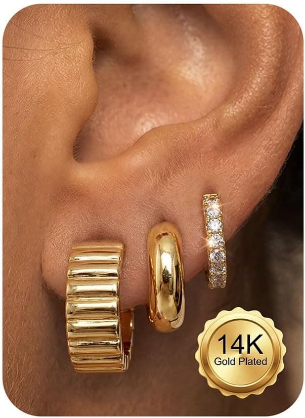 14K Gold Plated Hoop Earrings Stacks for Women - Hypoallergenic Huggie Hoops Earrings for Sensitive Ears Small Chunky Gold Silver Plated Open Hoop Earring Stack Lightweight Non Tarnish Jewelry 3 Pairs