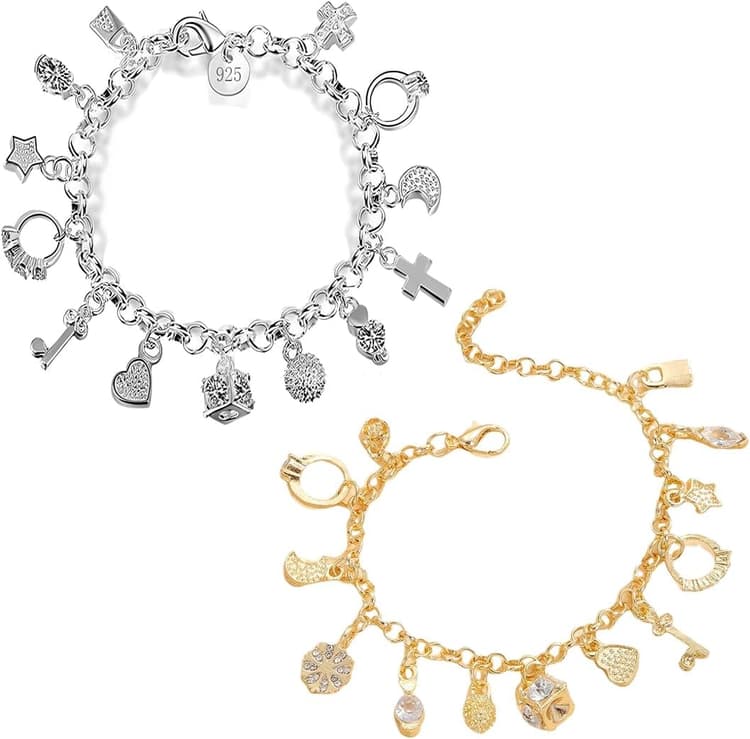 2 Pièces Bracelet Charms or argent Femme, Bracelet à Breloques en Or et Argent, Bijoux de Mode Cadeau pour Femme