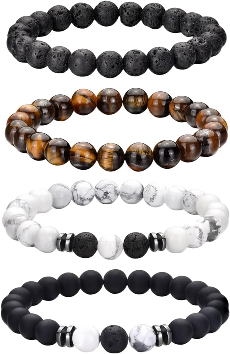 Bracelet Pierre Naturelle pour Homme - 4 PCS 8mm en Pierre de Lave Extensible - Perles Cadeau Personnalisé pour Papa Mari Copain Couple