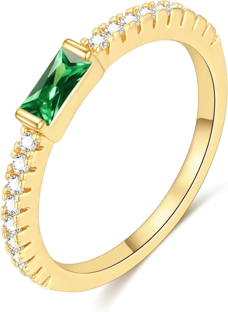 RLMOON Birthstone Gold Rings for Women Non Tarnish 14K Gold Plated Eternity Stackable Rings Dainty CZ Gemstone Engagement Rings Wedding Band Jewelry Gifts Size 4-10