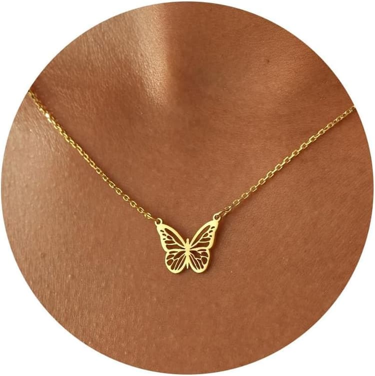 Collier Pendentif Papillon pour Femmes, Plaqué Or 18K Ajustable Ras Du Cou Acier Inoxydable, Idee Original Cadeau Anniversaire Fête des Mères pour Fille Maman Amie