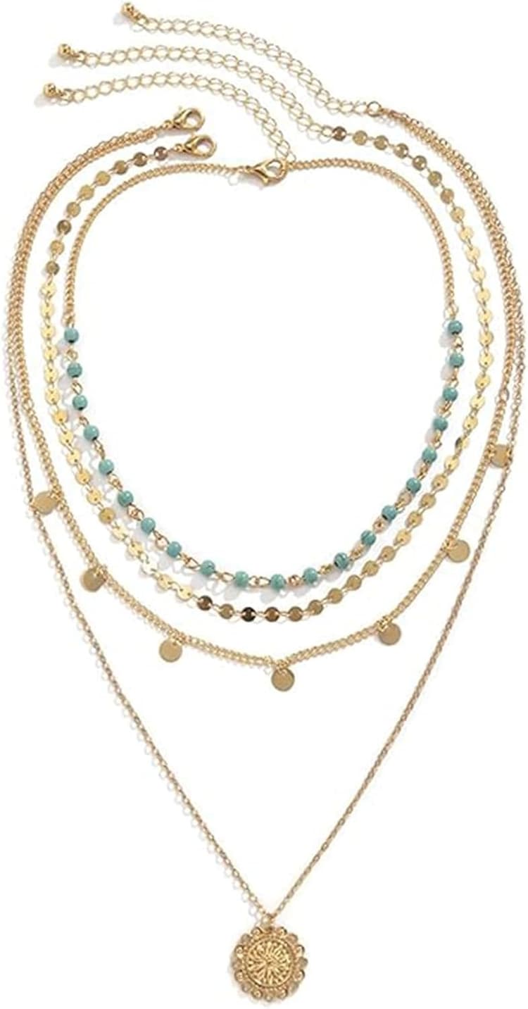 Collier Superposé Doré Bohème - Multicouche avec Pendentif Empilé pour Femme - Long avec Pièce de Monnaie Turquoise pour Concert Country