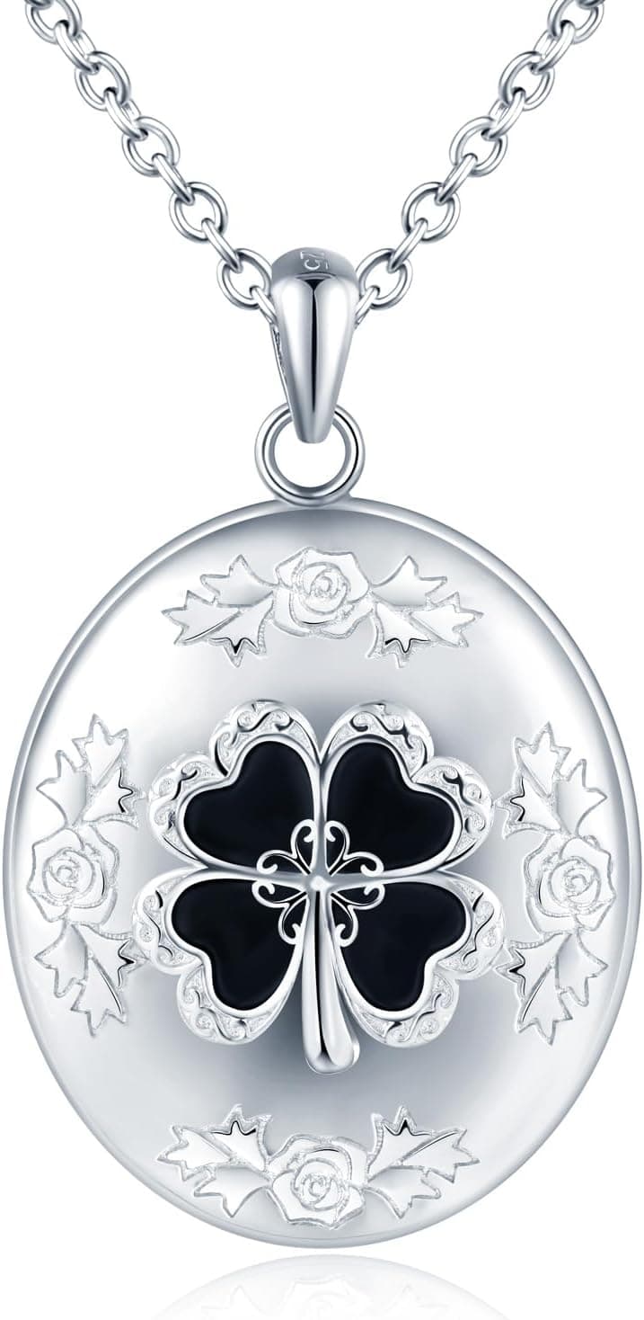 Médaillon Ovale Trèfle en Argent 925 Collier Femme Personnalisé Photo Médaillon Trèfle en Vert/Noir/Rouge Pendentif Porte Photo Chaîne 45+5cm pour maman épouse fille amie