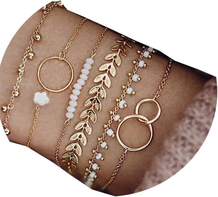 Jovono Boho Ensemble de bracelets cercles superposés, or, pendentifs en perles, collier en feuille, bijoux à pompons pour femmes et filles (6 pièces)