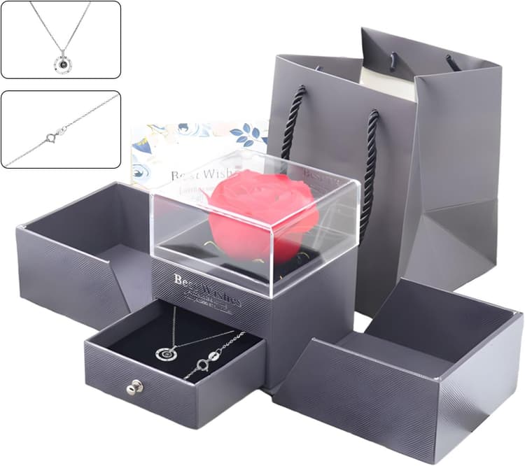 Rose Eternelle Coffret Cadeau Femme, Rose éternelle Avec Collie Je t'aime en 100 Langues Saint-Valentin pour Petite Amie Noel Saint Valentin Anniversaire Fete des Mere Cadeau