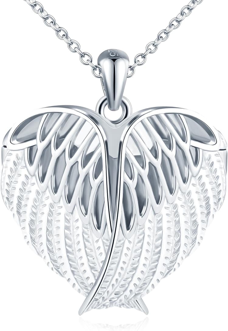 MicLee Collier Photo Médaillon Cœur en Argent 925 Femme Fille Pendentif Locket de Plume - Ailes d'ange Breloque Ouvrable Collier Amulette Mémorial Bijoux Elégant