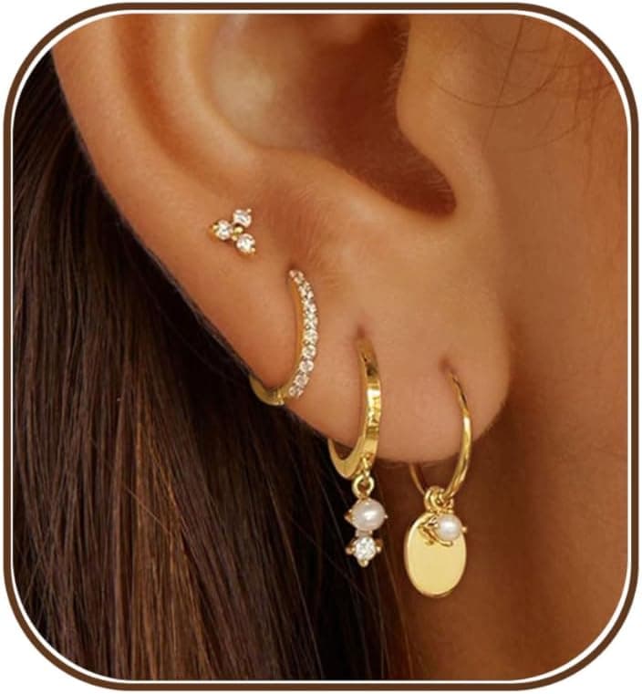 Gold Earrings For Women, Dainty Huggie Earrings Stack 14K Gold Plated Pearl Dangle Earrings for Women Trendy Cute Hypoallergenic Unique Gold Earring Stack Fashion Gold Jewelry Gifts